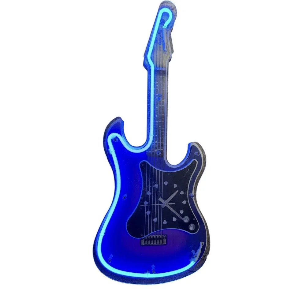 1990 Vintage Stratocaster Blue Neon Light Guitar Wall Clock 29 In & Adapter